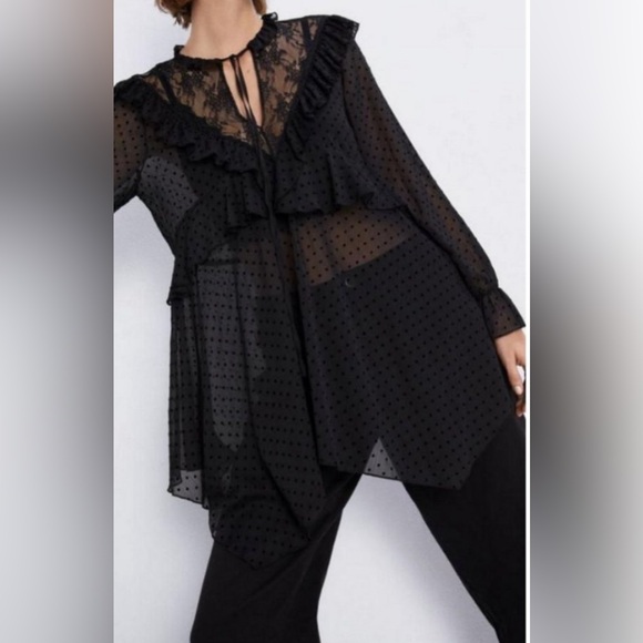 Zara Black Dotted Mesh Dress with Ruffles | Small - Picture 2 of 10